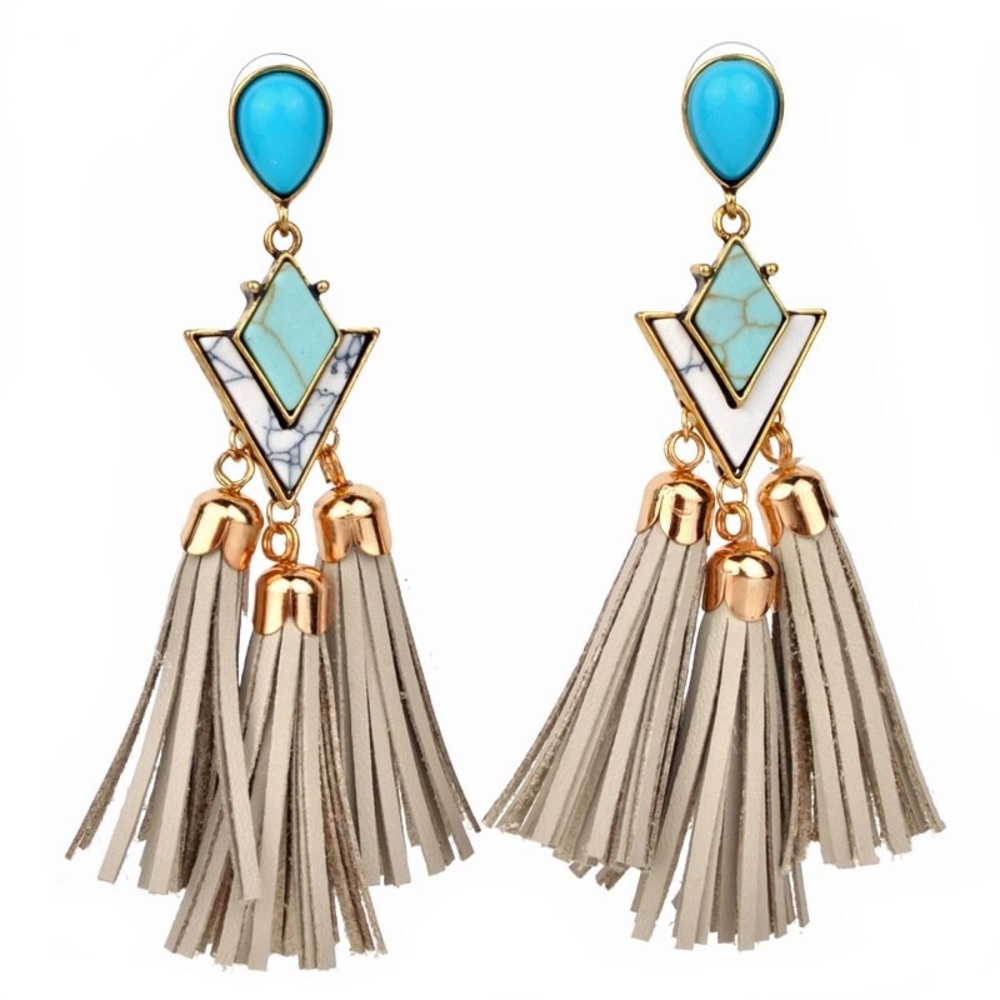 Leather and Stone Tassel Earrings